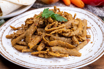 Vegetarian Shawarma meat imitation made from grains, soybeans, vegetables and legumes