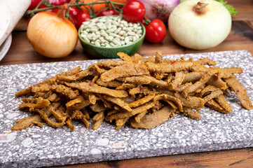 Vegetarian Shawarma meat imitation made from grains, soybeans, vegetables and legumes