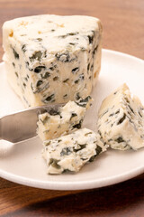 Cheese collection, piece of soft French blue cheese roquefort