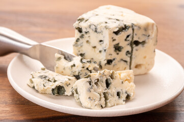 Cheese collection, piece of soft French blue cheese roquefort