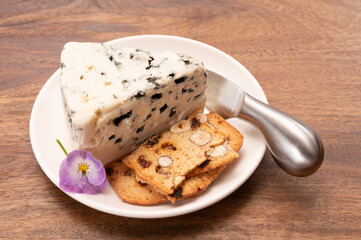 Cheese collection, piece of soft French blue cheese roquefort