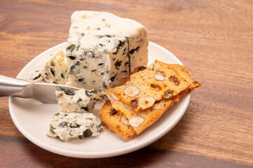 Cheese collection, piece of soft French blue cheese roquefort