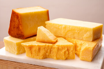 Cheese collection, cheeses from United Kingdom, scottish matured farmcheese and mild cheddar cheese