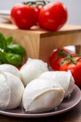 Cheese collection, small fresh white soft mozzarella cheese balls served with red tomatoes and fresh green basil from Italy