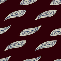 Grey stylized leaves seamless pattern in botany stylistic. Dark brown background. Contrast nature artwork.