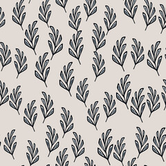 Geometric foliage branches little random seamless pattern. Grey background. Navy blue botanic print.