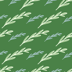 Naklejka na ściany i meble Outline leaves branches elements seamless pattern in simple style. Green background. Doodle backdrop.