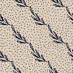 Black simple twig outline seamless pattern in hand drawn style. Pastel pink dotted background. Herbal artwork. © smth.design