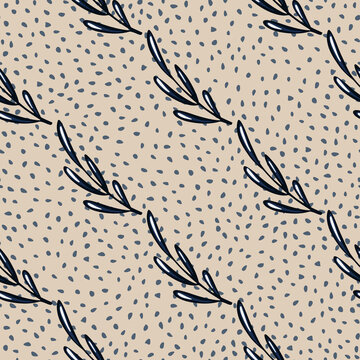 Black simple twig outline seamless pattern in hand drawn style. Pastel pink dotted background. Herbal artwork.