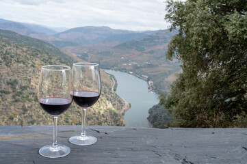 Tasting of Portuguese red dry wine, produced in Douro Valley and Douro river and terraced vineyards on background in autumn, Portugal