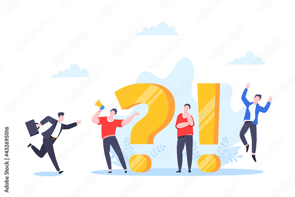 Poster q and a or faq concept with tiny people characters, big question and exclamation mark, frequently as