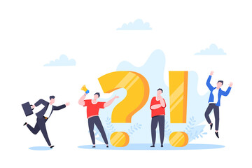 Q and A or FAQ concept with tiny people characters, big question and exclamation mark, frequently asked questions template. Answers business support concept flat style design vector illustration.