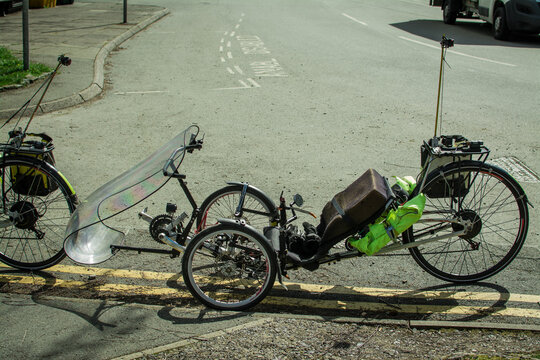recumbent bicycle a laid back reclining possition ,parked
