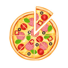 Sliced pizza top view. Vector food illustration. Icon. Cartoon flat style.