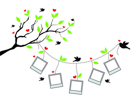 Vector illustration of Loving flying Birds Family on a tree with photo frames