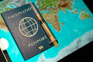 International vaccination Passport with syringe on the background of world map. Travel concept during the Covid-19 pandemic. vaccination vaccine passport or certificate for travelers. - obrazy, fototapety, plakaty