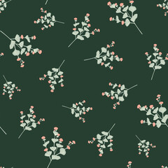 Fototapeta na wymiar Random seamless pattern with light blue wildflowers elements. Dark green background.