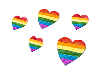 Different rainbow-colored hand-made hearts on the white background. The symbol of love and freedom. tolerance for LGBT people concept.