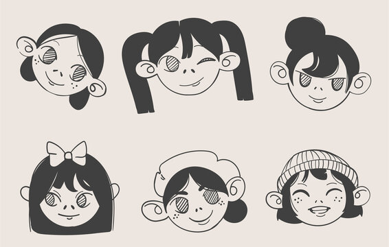 A set of six images of cartoon girls faces. A variety of vector hand-drawn cute icons for social media, avatars, profile pictures. Fashionable girls with hairstyles. Monochrome graphics from lines.