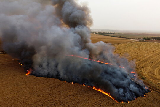 A part of a wheat field goes in flames after Palestinians in Gaza sent incendiary balloons over the border near Nir Am