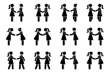 Handshake stick figure woman side view poses postures vector illustration set. Stick female business partners at meeting deal agreement silhouette pictogram on white