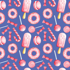 Watercolor pink sweet food on blue background seamless pattern. Candies print. Cute sweets ornament for textile, wallpaper, wrapping paper, packaging, menu, cafe, covering, design and decoration.