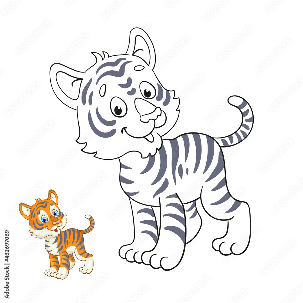 Sticker Cute little tiger cub. Black and white picture for coloring book with a colorful example. In cartoon style. Isolated on white background. Vector illustration.