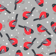 seamless pattern with bullfinches on a grey background
