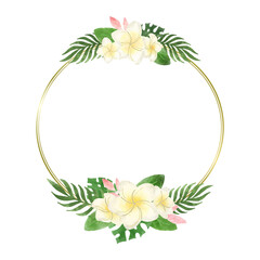 水彩風プルメリアとボタニカルリーフのトロピカルフレーム