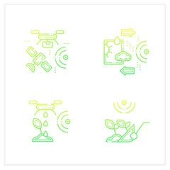 Smart farm gradient icons set. Consist of weather tracking,drones photography,harvesting.Agricultural innovation concepts.Isolated vector illustration.Suitable to banners, mobile apps and presentation