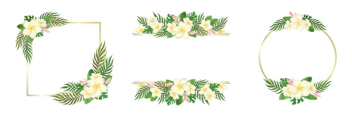 水彩風プルメリアとボタニカルリーフのトロピカルフレームセット