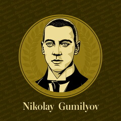 Vector portrait of a Russian writer. Nikolay Stepanovich Gumilyov (1886-1921) was an influential Russian poet, literary critic, traveler, and military officer. He was husband of Anna Akhmatova.