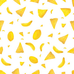 Seamless endless pattern with yellow nachos chips on a white background. Tablecloth, wrapping paper. Gift packaging. Wallpaper. Manual illustration