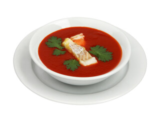 Red fish soup with fillet in white round bowl. Isolated