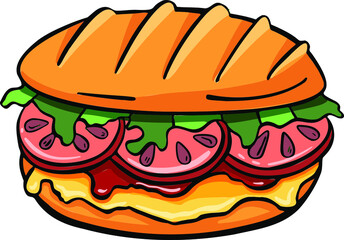 Panini isolated on white background. Italian sandwich vector design. Colorful sandwich icon. Panini cheese with ham vegetables and sauce. Famous Italian fastfood vector. Sandwich icon design. . Vector