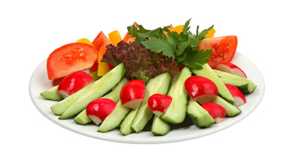 Fresh garden herbs and vegetables on white round plate isolated
