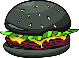 Hamburger with fresh tomatoes, lettuce leaf, grilled steak and sesame on bun. High calorie contain meal in black bread isolated cartoon flat vector illustration. Vector illustration