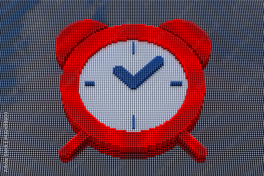 Poster pixel art style alarm clock. 3d rendering