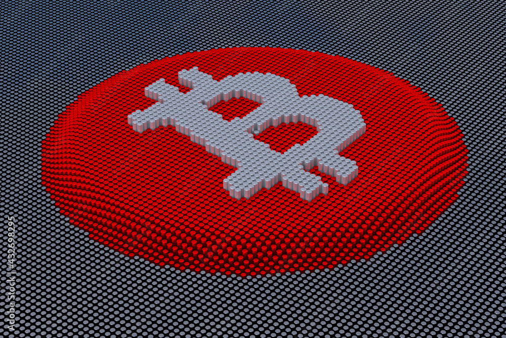 Aufkleber pixelated bitcoin symbol made from cubes, mosaic pattern. 3d rendering