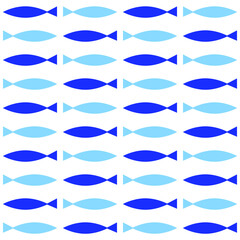 Seamless pattern with hand drawn blue fish. Vector illustration on the white background.  Backgroundfor prints, textile, fabric, package, cover, greeting card.