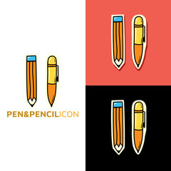 Pen and pencil kawaii icon logo. Back to school cute cartoon hand drawn doodle icon sticker
