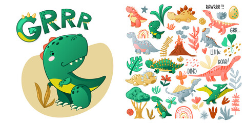 Cute cartoon dinosaur set. Funny dino characters for kids design. Vector illustration isolated on white background. © Tatiana Sidenko