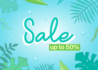Fototapeta na wymiar Summer sale web poster design layout. Ocean surface background design template for discount, coupon, offer for 50% off. For poster, banner, flyer. Tropical leaves and water surface with bubbles.
