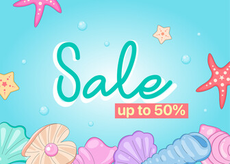 Summer sale web poster design layout. Ocean surface with seashells background design template for discount, coupon, offer for 50% off. For poster, banner, flyer. Starfish, pearls, shells in water.