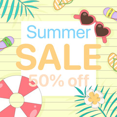 Vector Square Summer See Sale Banner Design Template. Simple 50% off template layout for design poster, banner, flyer, coupon. Summer Wood Signboard design concept. Vacation Summer stuff background