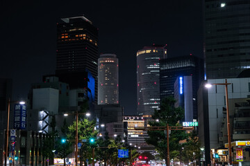 Fototapeta na wymiar 愛知県名古屋市 桜通りと名古屋市の高層ビル群 夜景