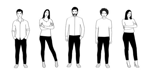 Personas. Hombres y mujeres de pie. Grupo o equipo de trabajo. Modelos y moda. Ilustración vectorial aislada en fondo blanco