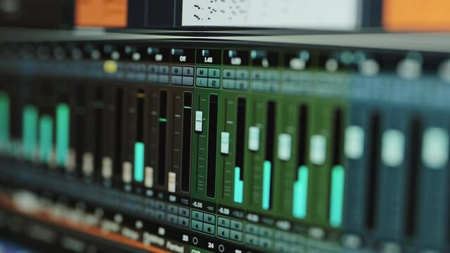 Process of Recording Editing Sounds Songs Monitor Screen. Computer Screen Showing User Interface of DAW Digital Audio Workstation Software with Track Song Playing, Creating and Editing