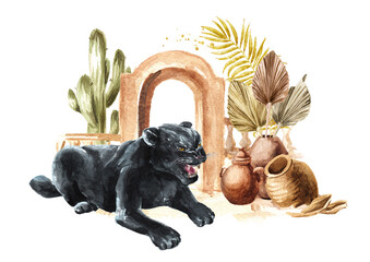 Black  panther or jaguar on the background of exotic  flowers and oriental architecture , Watercolor hand drawn illustration © dariaustiugova