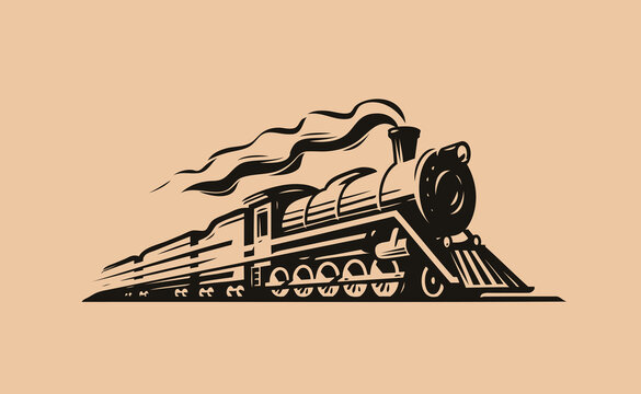 Retro steam locomotive transport sketch. Train symbol vintage vector illustration